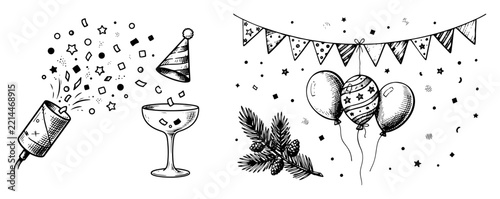 Celebration party elements with balloons confetti and champagne glass in vintage woodcut style