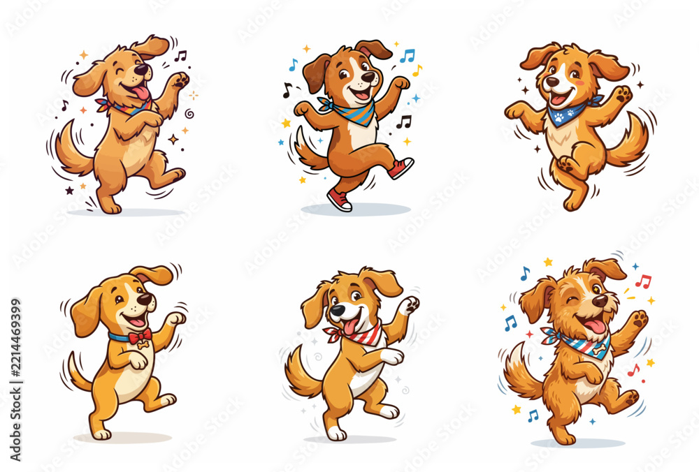 Fototapeta premium Set of happy cartoon dogs dancing and celebrating with music notes and stars isolated on white background