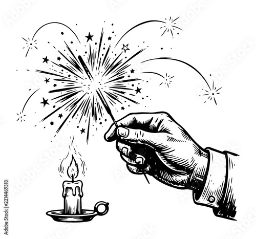 Hand holding lit sparkler firework over burning candle in vintage engraving style