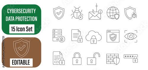 Cybersecurity and Data Protection Line Icon Set, 15 Editable Security Icons with Shield, Lock, Firewall, Encryption and Network Protection Symbols