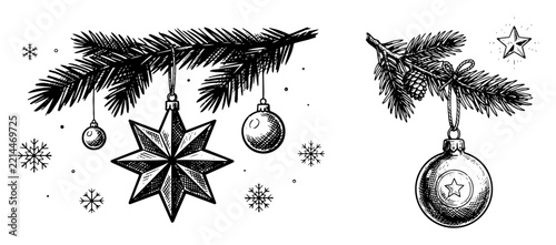 Christmas ornaments hanging from pine branches with snowflakes in vintage engraving style