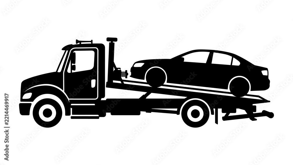 Fototapeta premium Towing Service Icon: A tow truck with a car loaded on its flatbed, rendered in a simple, striking black silhouette, perfect for illustrating roadside assistance or transport services.