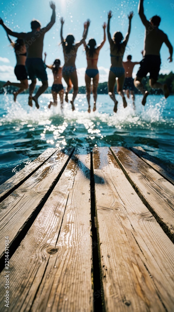 Fototapeta premium Group of young friends jump from wooden pier into blue lake water. Happy people splash in summer sun during outdoor vacation. Silhouettes of men, women leap from dock for fun recreation activity in