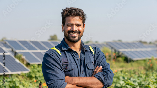 Confident worker in overalls with solar panels behind him, symbol of green energy and sustainable jobs
