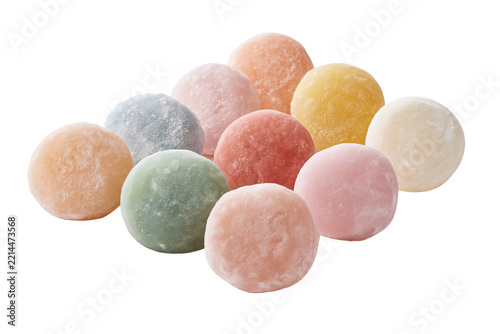 Realistic collection of delicate daifuku mochi sweets in vibrant colors isolated on transparent background