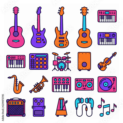 Neon Color Musical Instruments and Equipment Vector Icon Set