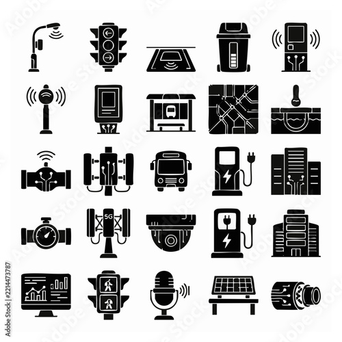 Smart City Glyph Icon Set Depicting Urban Infrastructure and Technology