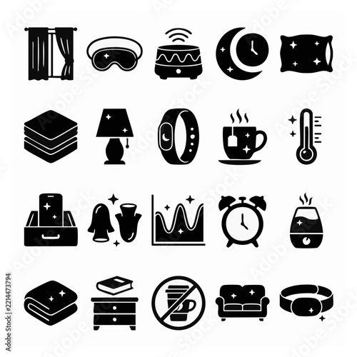 Sleep Hygiene and Better Rest Habits Solid Black Glyph Icon Set