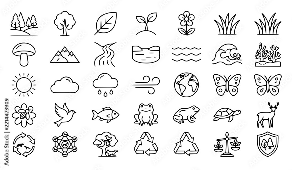 Fototapeta premium Ecosystem Nature Environmental Linear Outline Icons Set