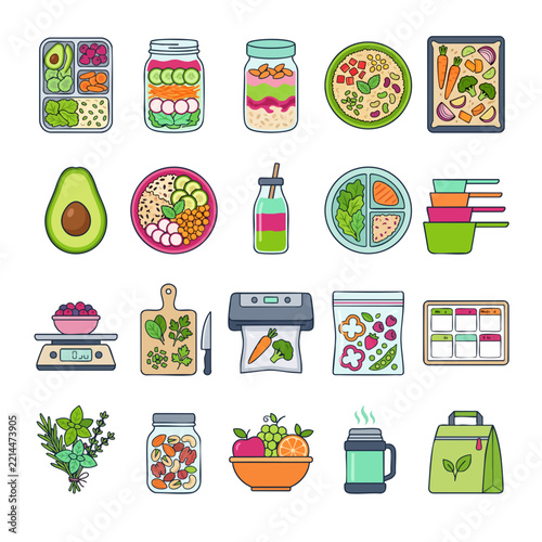 Healthy Food Meal Prep and Diet Planning Icon Set Vector Illustration