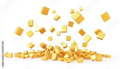 Golden Cubes Falling On White Background 3D Render