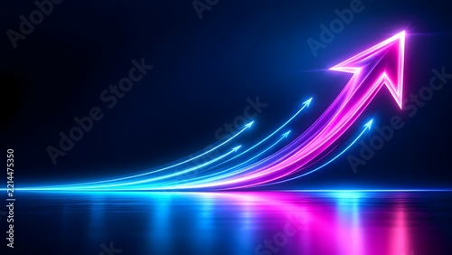 Futuristic neon light trails forming an upward arrow representing business growth and technological progress