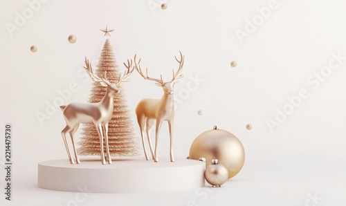 Gold Antlered Creatures and Holiday Tree on White Stage