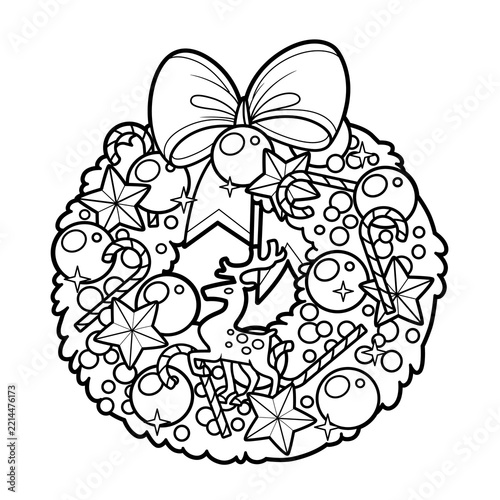 Christmas wreath with golden balls, deer figurine and striped candy outlined for coloring page isolated on a white background