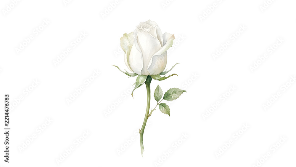 Obraz premium Single White Rose Flower with Green Stem Isolated on White Background Watercolor