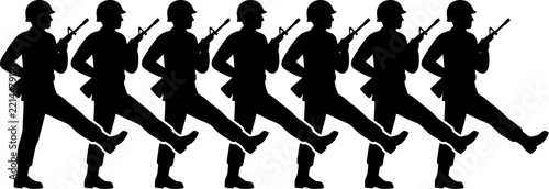 Black silhouette of a line of soldiers marching together in unison on a white background