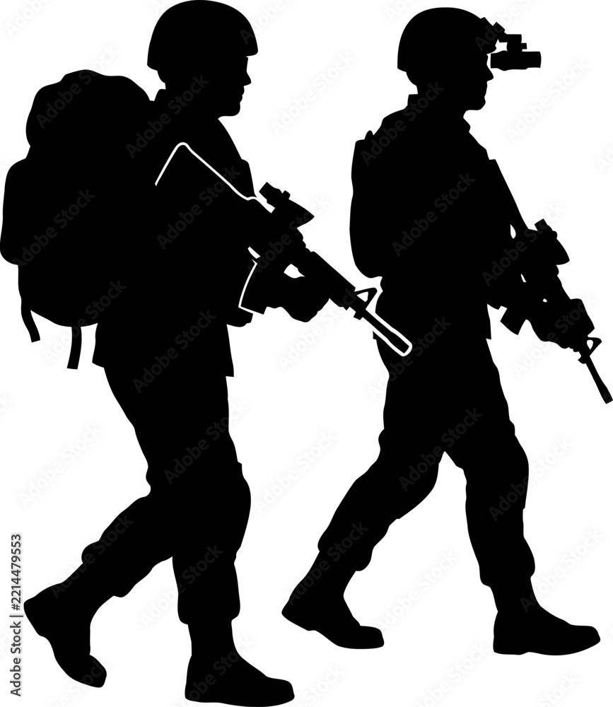 Fototapeta premium Black silhouette of two armed soldiers walking together on a mission isolated on a white background