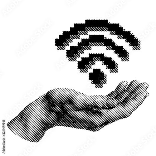 Hand Holding a Wi-Fi Signal Symbol Retro Halftone Collage Style Illustration