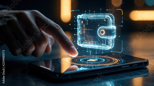 Close up of male hand using smartphone with glowing holographic digital wallet interface. Person performs virtual mobile payment transaction via futuristic fintech app. High tech banking concept with