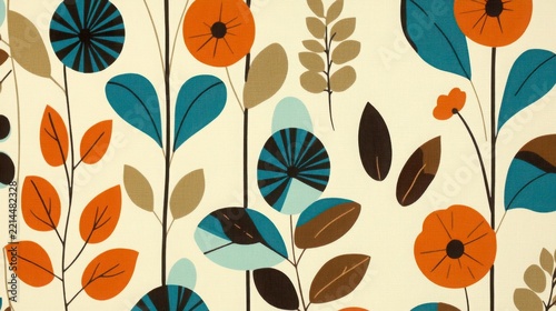 Mid Century Modern Floral Textile Pattern In Orange Blue And Beige