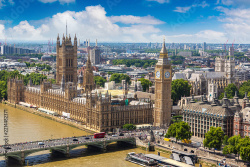 Panoramic aerial view of Palace of Westminster, Westminster Bridge with Big Ben clock tower and River Thames, London, England, UK