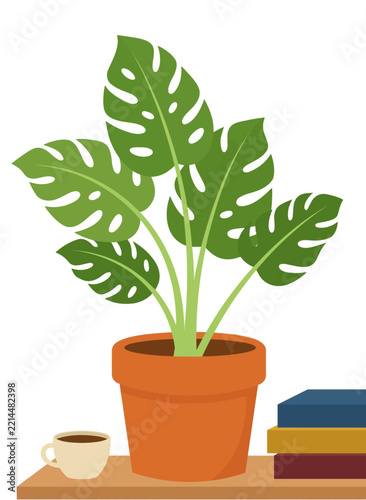 Flat vector illustration of monstera houseplant in a terracotta pot with coffee cup and books