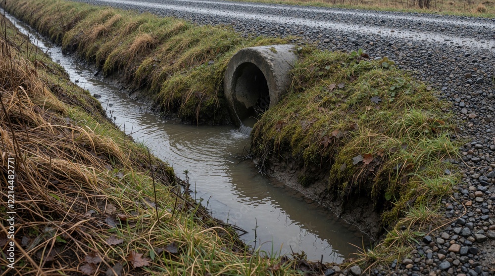 Fototapeta premium Muddy water flows through concrete culvert pipe under gravel road. Drainage ditch runs along rural path with grass, dirt. Infrastructure for water management in countryside during wet season.