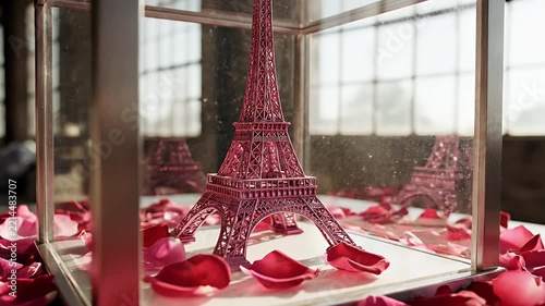 Miniature Eiffel Tower Diorama Encased in Glass Among Romantic Rose Petals