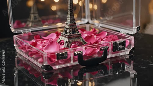 Miniature Eiffel Tower Display Case Surrounded by Pink Rose Petals and a Sleek Black Swan Figurine