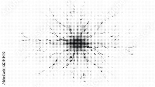 Abstract halftone dot pattern exploding from the center with radial lines and dots
