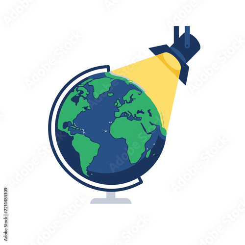 Flat Vector Illustration of Earth Globe Illuminated by Spotlight on White Background