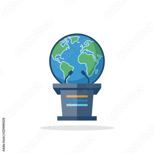 Flat Vector Illustration of a World Globe Behind a Podium with Microphones for Global Summit