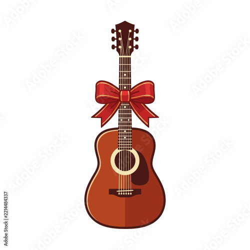 Acoustic Guitar with Red Ribbon Bow Illustration for Gift and Holiday Concept