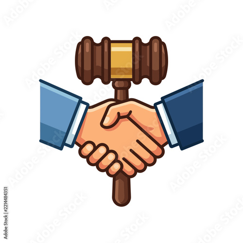 Vector Illustration of Handshake and Judge Gavel Representing Legal Agreement and Justice
