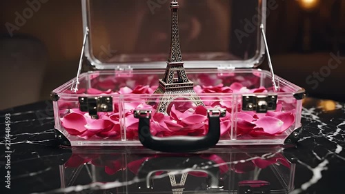 Miniature Transparent Display Case Containing Pink Flower Arrangement and Eiffel Tower Figurine