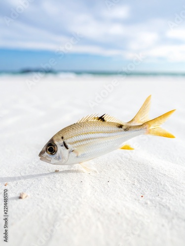 Small fish stranded on a pristine white sand beach under a clear blue sky.