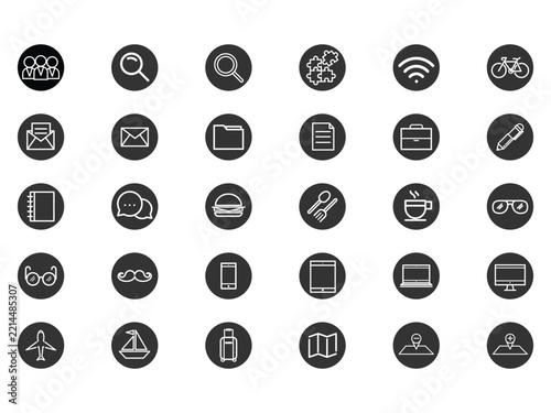 Minimalist black circular icon set, outline vector symbols for user interface, simple web and app design graphics