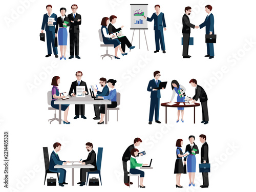 Flat corporate business meeting vector set, professional office workers with laptops and documents, modern illustration