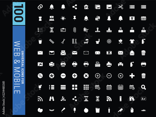 100 Universal Web & Mobile UI Icons, Minimalist White Pixel Set for App and Website Interface Design, User Interface Elements