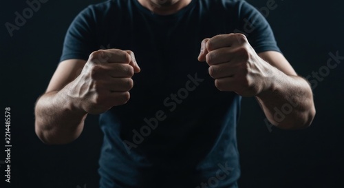 Close up of a man's torso with clenched fists raised, wearing a dark shirt, dark background