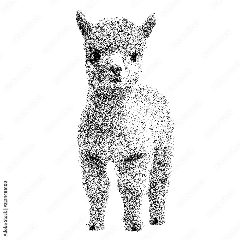 Fototapeta premium Adorable fluffy alpaca - transparent background png stipple dotted halftone monochrome dots