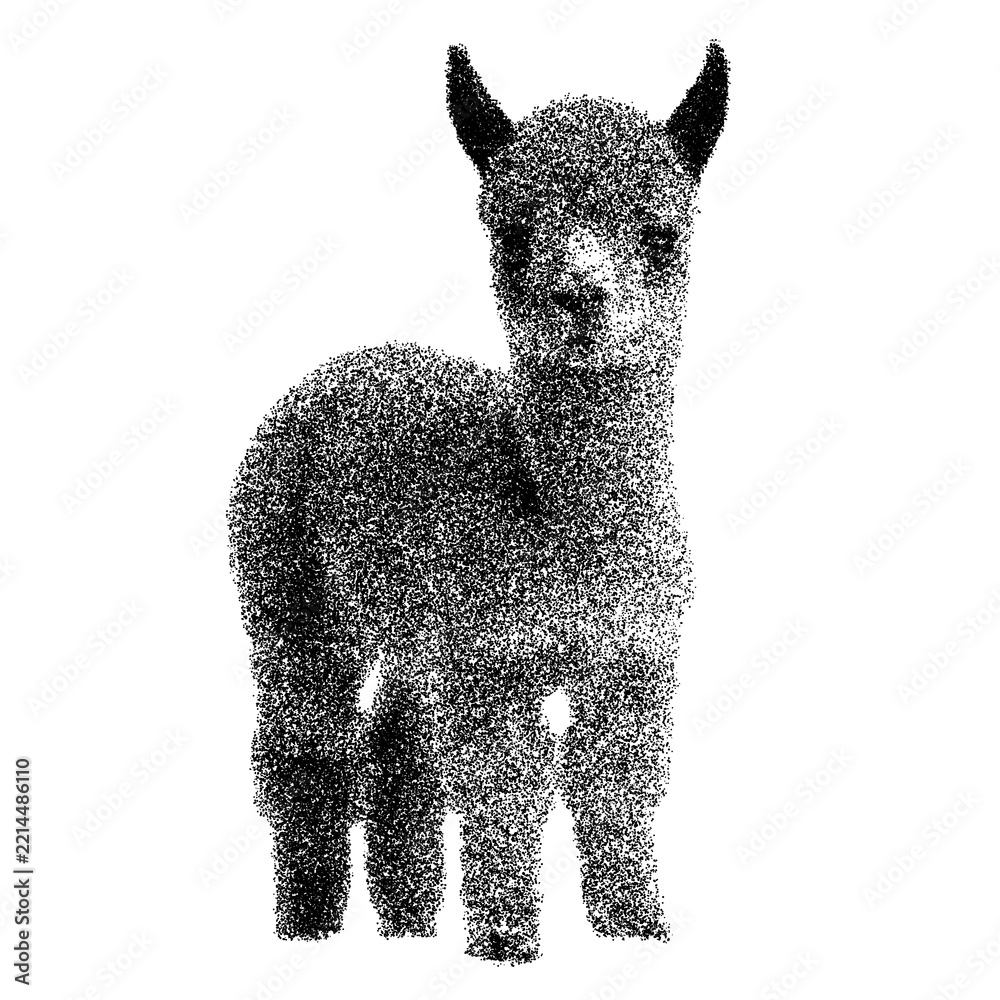 Fototapeta premium Adorable baby alpaca standing isolated on transparent background png stipple dotted halftone monochrome dots