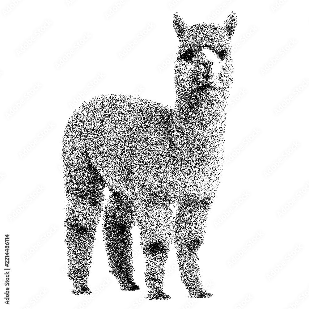 Fototapeta premium Adorable brown alpaca standing isolated on transparent background png stipple dotted halftone monochrome dots