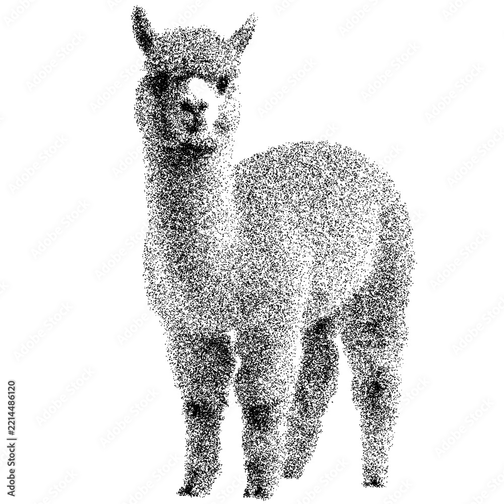 Fototapeta premium Adorable alpaca standing on transparent background png stipple dotted halftone monochrome dots