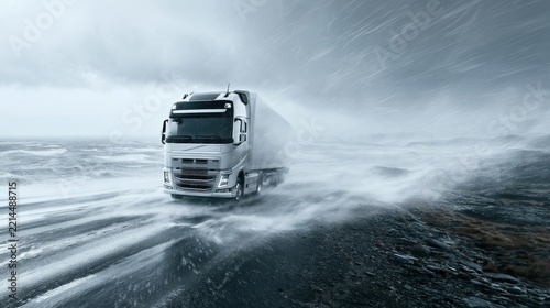 Heavy truck driving on a difficult road during a storm in a remote area