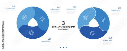 Circle Venn diagram infographic design. Venn diagram infographic chart template for business 3 parts, options. Circular diagram elements vector illustration.