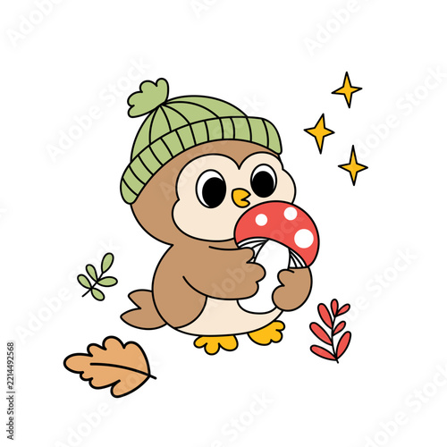 Cute owl with mushroom illustration