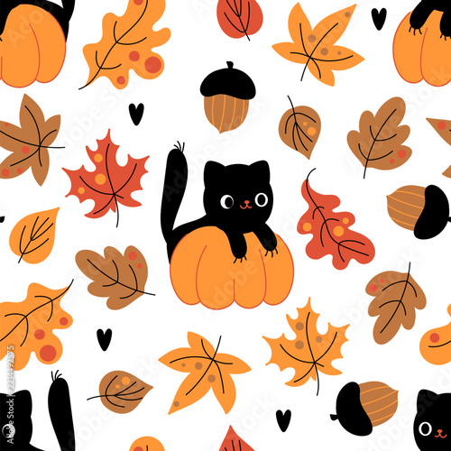 Autumn seamless pattern with cats