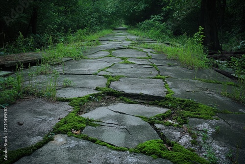 A weathered, overgrown pathway through a lush forest.