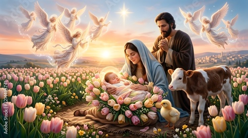 Tender image of Baby Jesus cradled in a gentle wrap of pastel tulip petals, vibrant dawn illuminating His serene features, gentle chickling and curious calf nearby, Mary’s embrace full of warmth, Jose